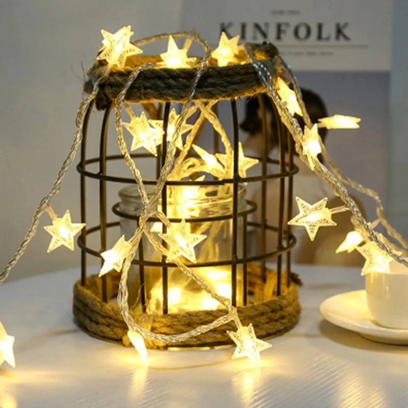 Цветные теплые белые пятиконечные Звездные Рождественские огни Рождественский