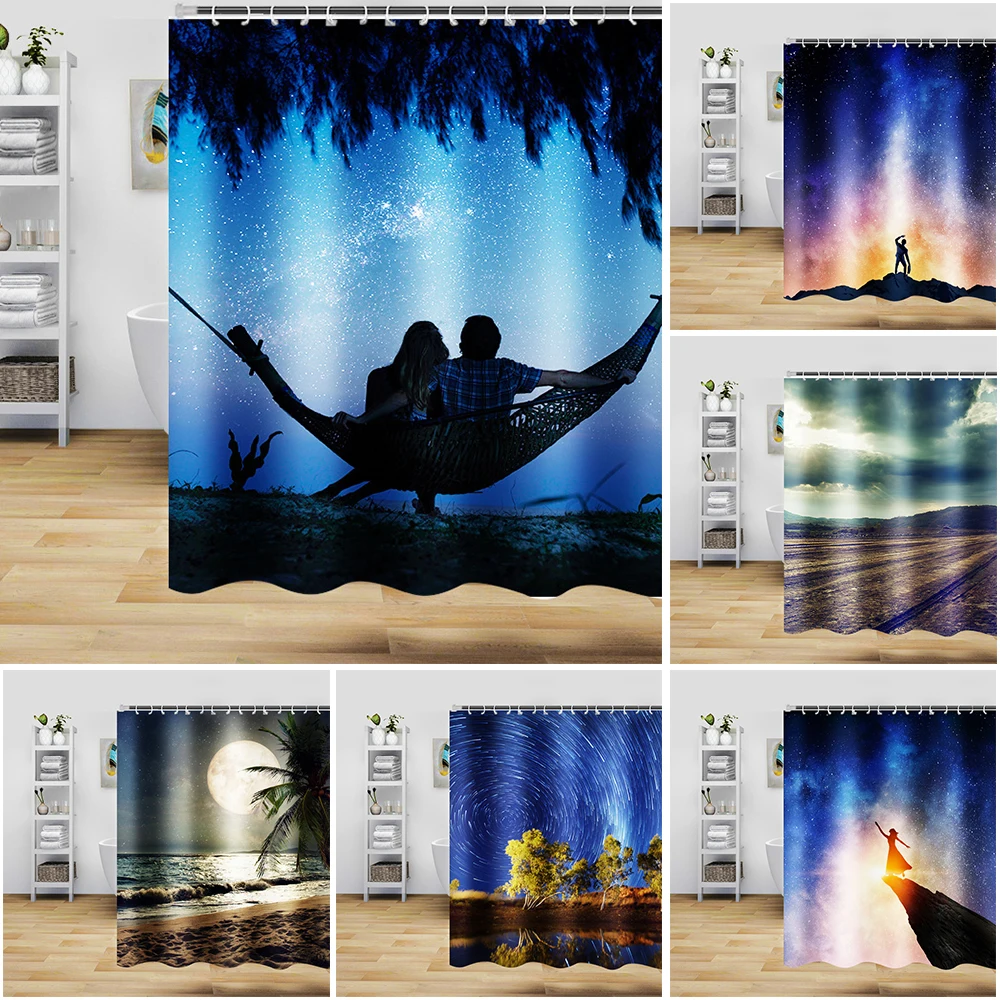 

Водонепроницаемая светонепроницаемая шторка с крючками в романтическом стиле с изображением звездного неба