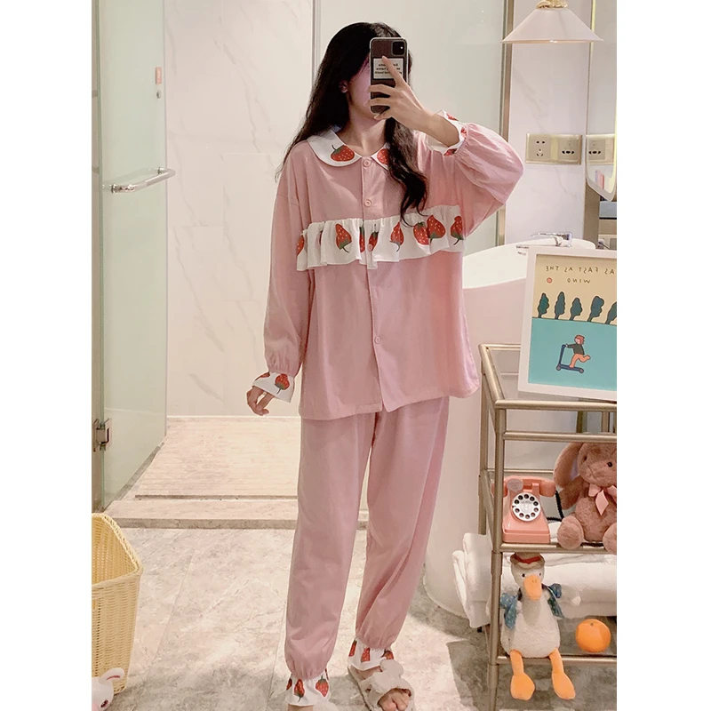 

2020 Kawaii Pajama New Women Sweet Pajamas Set Spring Autumn New Thin Cartoon Printed Long Sleeve Cute Sleepwear Casual Homewear
