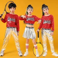 2021 2pcs set girl jazz dance costumes for girls children stage dance clothes exposed navel tide kid hip hop sequin dance suit