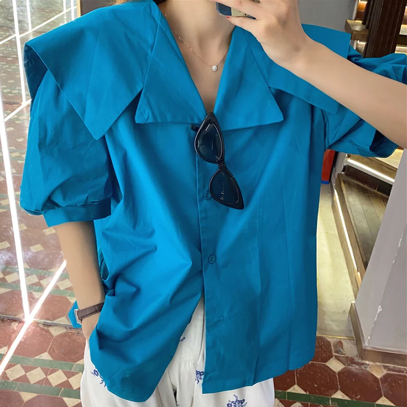 

Nowsaa 2021 Spring Women Fashion Office Lady Blouse Turn-down Collar Short Puff Sleeve Minimalist White Loose Shirt Autumn