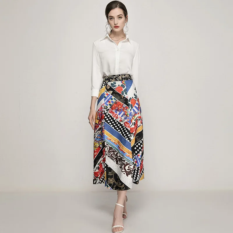 

All-Match Nine-Quarter Sleeve White Shirt Ethnic Style Fashionable Printed Long Skirt Two-Piece Suit 2021 New Women's Clothing