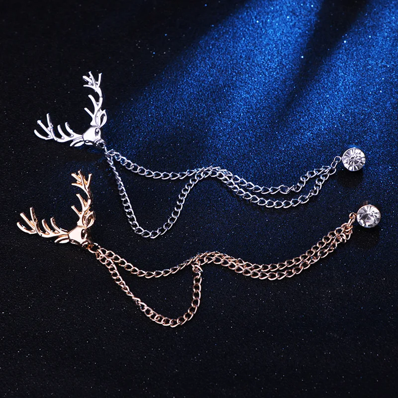 Vintage Metal Small Elk Brooch Rhinestone Tassel Chain Lapel Pin Suit Shirt Collar Badge Brooches Men's Christmas Jewelry | Украшения и