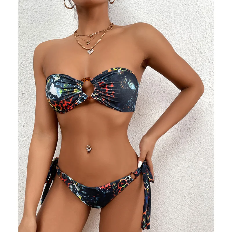 COOBBU Bandeau Bikini Leopard Swimsuit Women Swimming Suit Ring Swimwear Female Micro Knot Bathing Sexy Two Pieces Set | Женская одежда