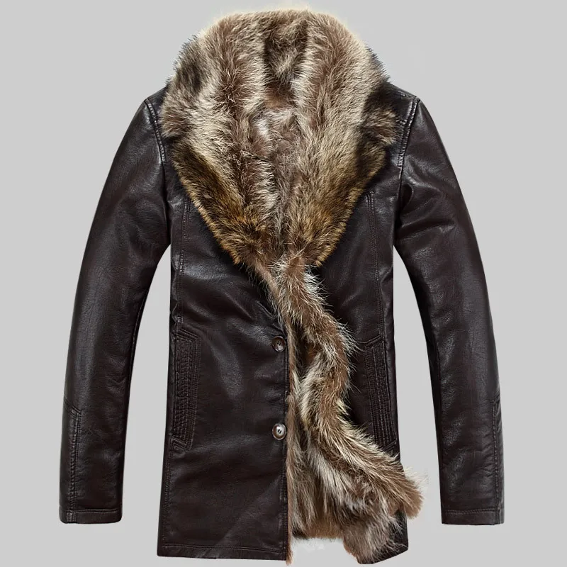 

Raccoon Fur Coats Long Shearling Jackets Mens Winter Real Leather Jackets Fur Collar Thicken Warm Outerwear Snow Tops Windbreake