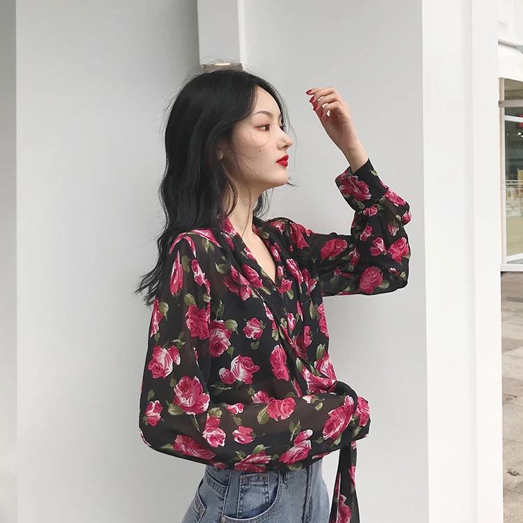 

vintage chiffon floral tops loose fashion brand Designer autumn style bow women blouse loose print shirts blusas mujer de moda