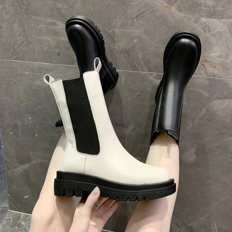 

Ботинки женские до середины икры, ботинки челси на платформе, с квадратным носком, на толстом каблуке, без застежки, Осень-зима 2019