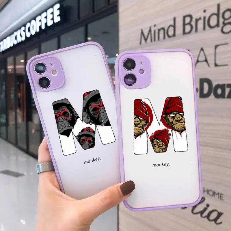

MONKEY animal Phone Case For iPhone 12 11 Mini Pro XR XS Max 7 8 Plus X Matte transparent Purple Cover