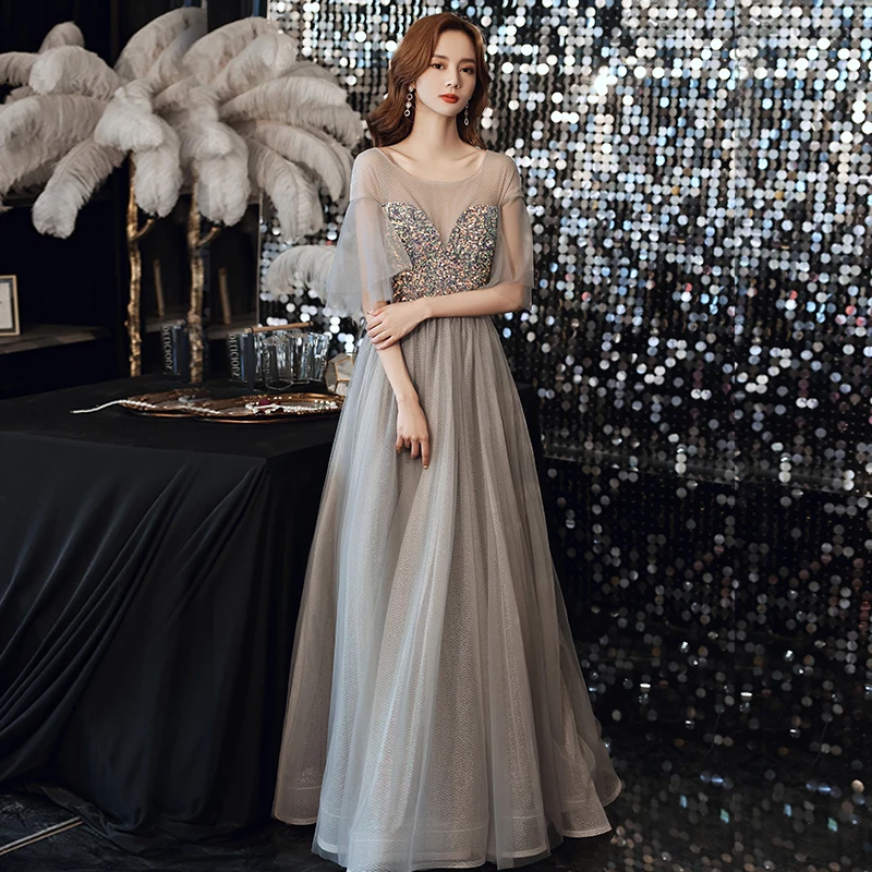

Evening Dress Lace Half Sleeves Empire A-Line Sequins Simple Floor-Length Luxurious O-Neck New Woman Formal Party Gowns A1274