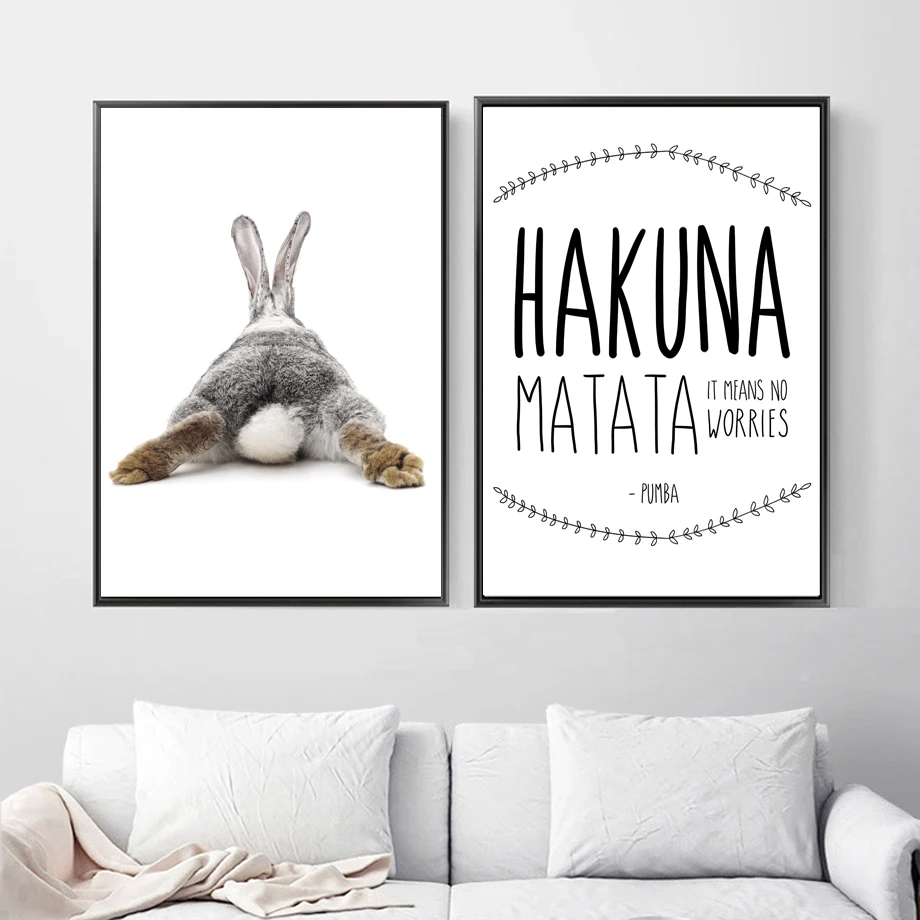 Черный белый кролик Матата цитаты скандинавский плакат настенный Арт холст