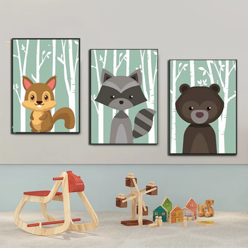 Лес мультфильм постеры с животными белка рисунок оленя на холсте для детской