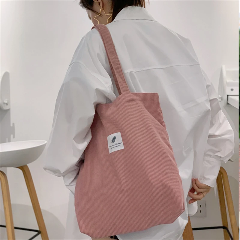 

Women Corduroy Shopping Female Canvas Cloth Shoulder Bag Environmental Storage Handbag Reusable Foldable Eco Grocery Totes