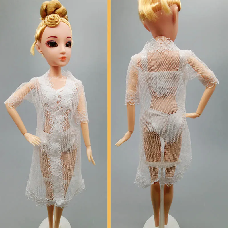 

Fashion Dolls Pajamas Lingerie Nightwear Lace Long Coat Night Wear + Bra + Underwear Clothes For Barbie 1/6 Doll Accessories Toy