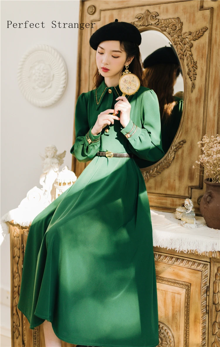 High Quality 2020 Spring Autumn Hot Sale Retro Peter Pan Collar Long Sleeve Women Dress With Belt Green | Женская одежда