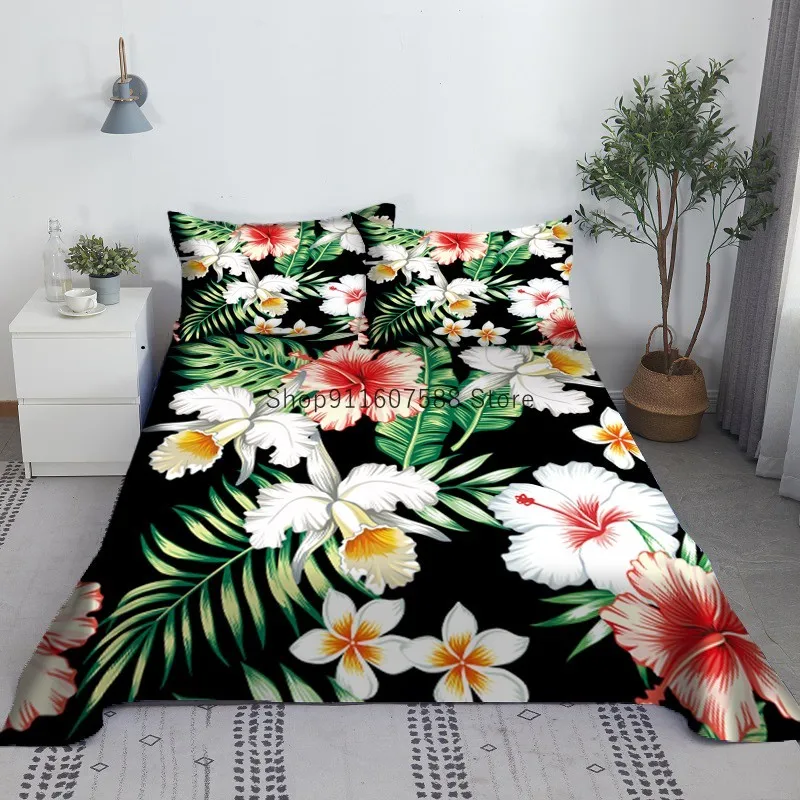 

Green Leaves White Flowers Bed Sheet Set 3D Printed Polyester Bed Flat Sheet With Pillowcase Bed Linen King Queen Size