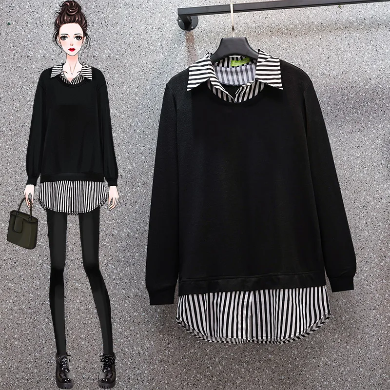 

Black Striped Stitch Long Sleeved False Two Piece Korean Autumn Elegant Blouses And Tops Women'S 2022 Shirts