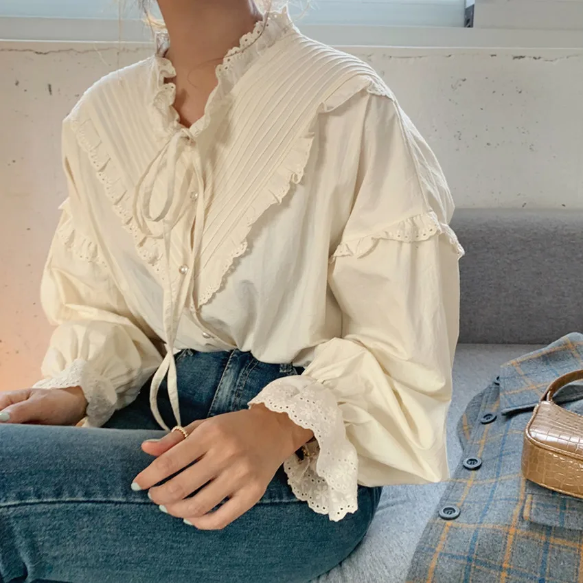 

2021 New Arrival Hollow Out Vintage Elegant Tops Women Shirt Solid Long Sleeve Korean Style Loose Blouses