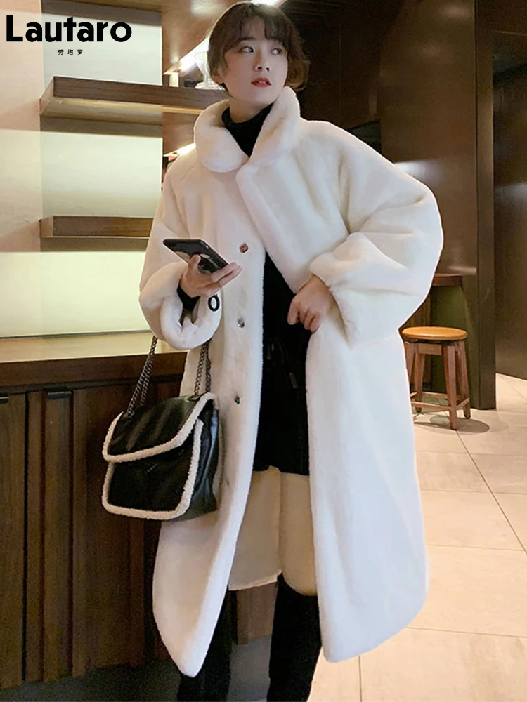 

Lautaro Long Oversized White Thick Warm Fluffy Soft Faux Rex Rabbit Fur Coat Belt Loose Korean Fashion Winter Clothes Women