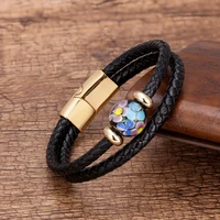 2020 new design round coloured glaze beaded bracelet 8 style charm genuine leather bracelets stainless steel magnet mens jewelry