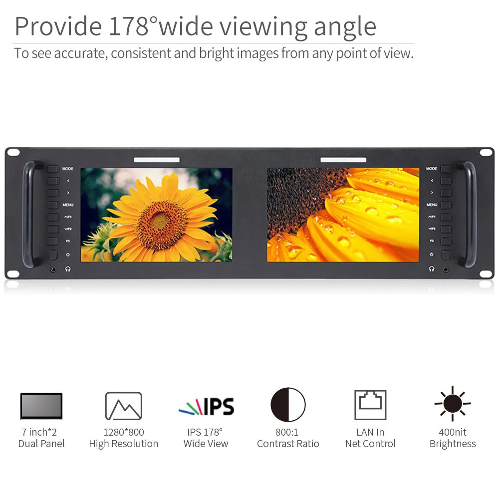 Online Feelworld D71-H Dual 7 Zoll 3RU IPS 1280x800 HDMI LCD-Rack Montieren Monitor Tragbare 2 Bildschirme Broadcast-Monitor