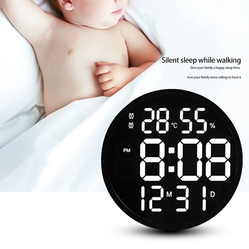 

AT69 -12 Inch LED Number Digital Wall Clock Temperature and Humidity Electronic Clock Modern Design Decoration Eu Plug