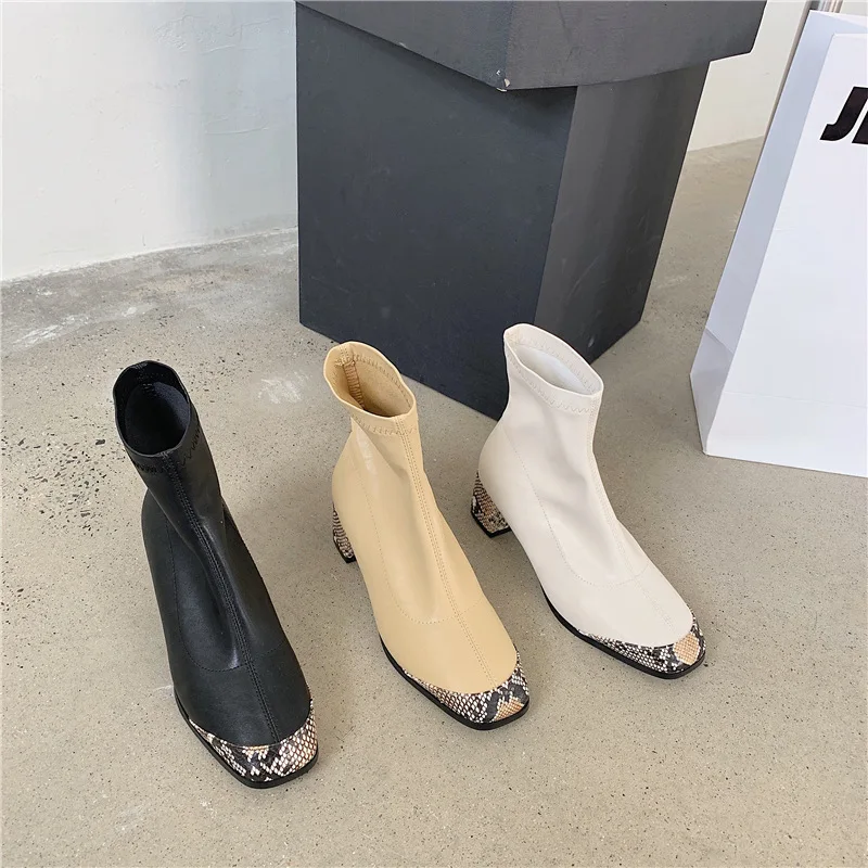 

Новинка 2021, женские ботинки на высоком каблуке, короткие ботинки с цветным блочным квадратным носком, ботинки мартинсы на толстом каблуке с ...
