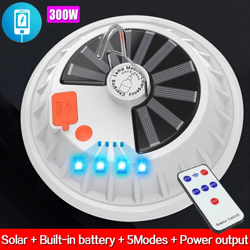 

300W Portable Solar LED Bulb Rechargeable Lamp Remote Control Lantern Emergency Night Market Hook Camping Light Tent Power Bank