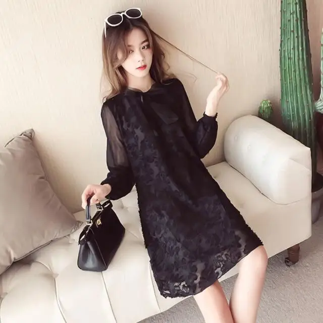 

Women 2021 Autumn New Fashion V-neck Lace Dresses Female Mid-long Loose A-line Dress Ladies Solid Color Bow Vestidos D730