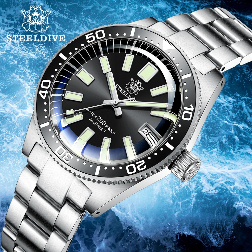 STEELDIVE 62mas V4 41mm Diver Mens שעון ספיר זכוכית מיושם לוגו NH35 אוטומטי מכאני שעונים צמיד תאריך 20Bar Lume