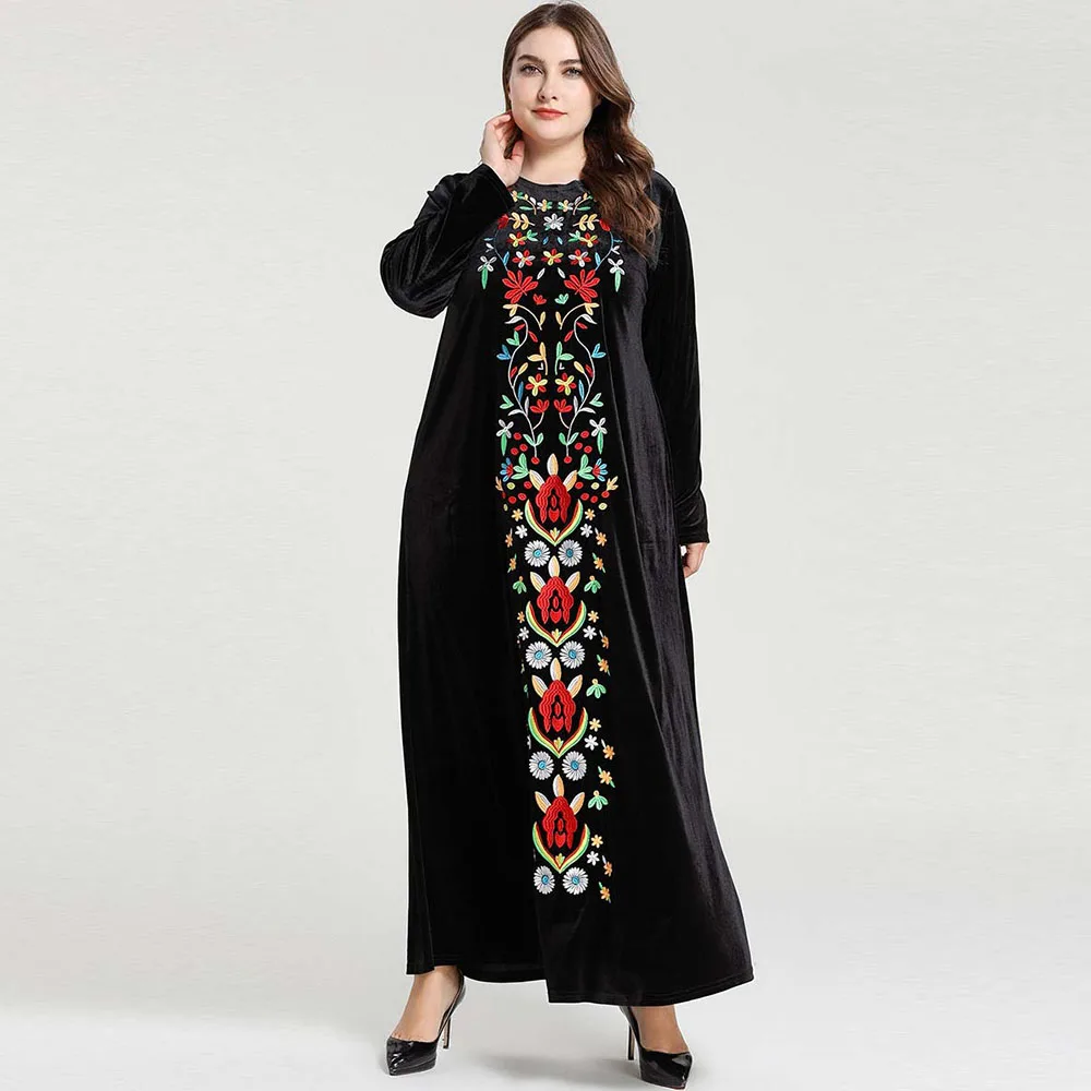 Winter Abayas Dubai For Women Islamic Clothing Kaftan Velvet Muslim Dress Long Embroidery Big Size 4XL Kimono Robe Black Evening |