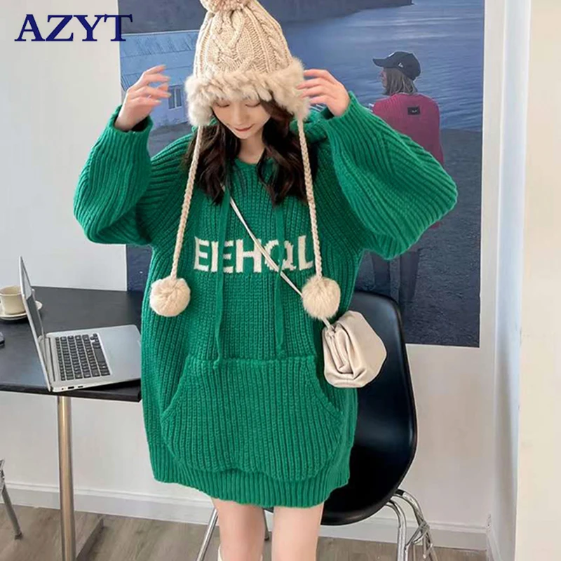 

AZYT Autumn Winter Pullover Women Sweater Letter Print Hooded Knitwear Sweater Women Korean Loose Mid Long Knit Jumpers 2022