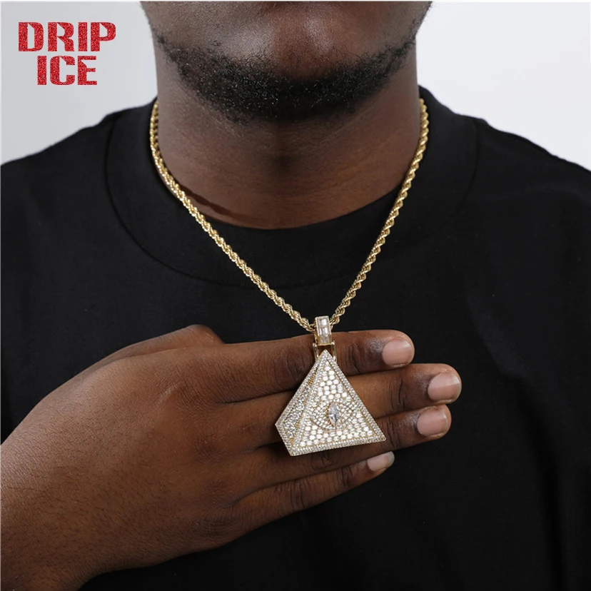 

DRIP ICE Hip Hop Bling Iced Out Cubic Zirconia Stone Triangle Eye Pyramid Necklaces Pendants Men With 4MM Tennis Chain Jewelry