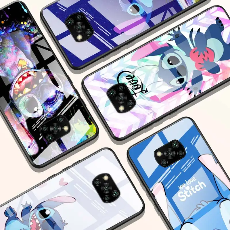 

Stitch cute cartoon for Xiaomi POCO X3 NFC F3 M2 X2 F2 Redmi K30 Redmi Note 9 Pro Luxury Tempered Glass Phone Case