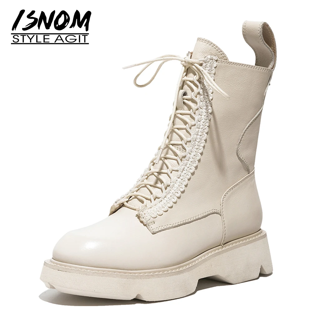 

Женские ботильоны из натуральной кожи ISNOM, ботинки на плоской платформе с перекрестной шнуровкой, повседневные ботинки на толстой подошве и...