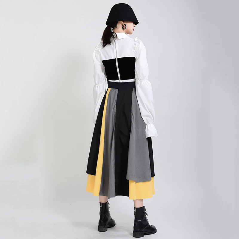 

[EAM] Spliced Contrast Color Irregular Big Hem High Waist Half-body Skirt Women Fashion Tide New Spring Autumn 2021 1DD3885