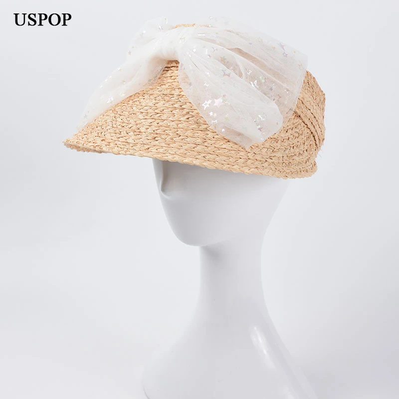 

USPOP New Women Summer Raffia Sun Hats Sweet Mesh Yarn Bow Straw Beach Hat without Crown 12 cm Wide Brim Sunshade