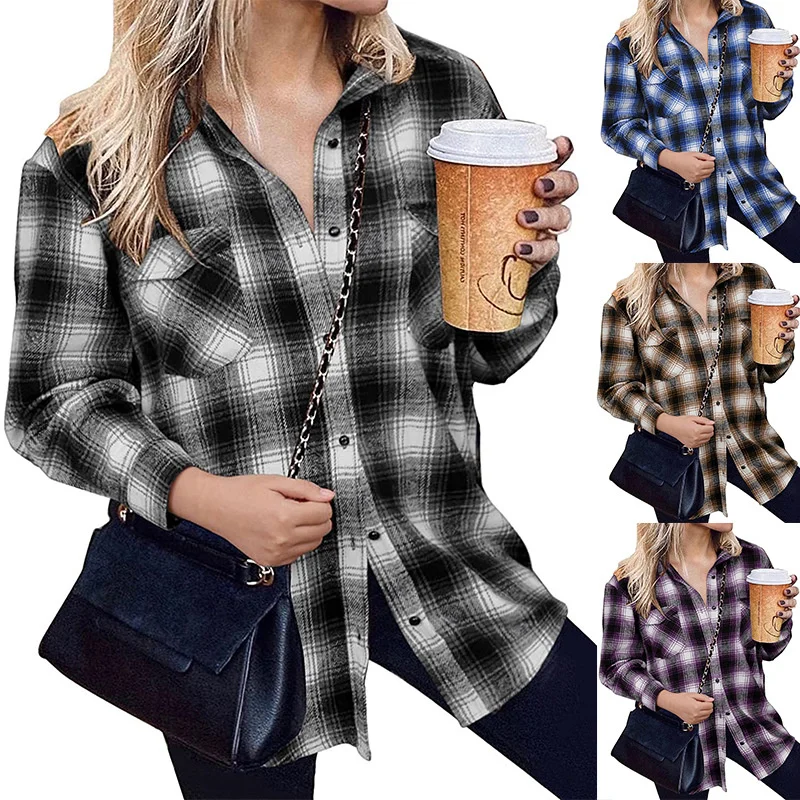 

Women's 2021 autumn winter new Yama medium length loose Lapel cardigan Plaid Shirt