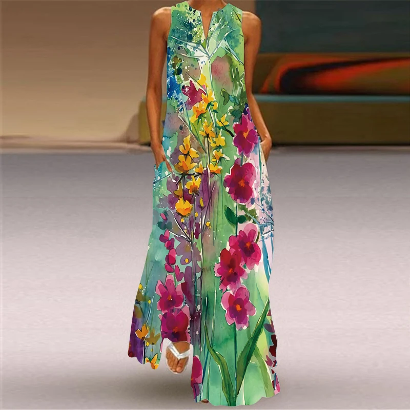 

Fashion Floral Print Green Dress Women 2021 Long Casual Plus Size Dresses Summer Woman Sleeveless Girls Beach Maxi Dress Women