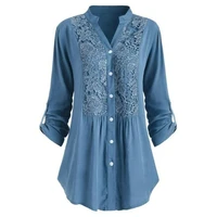 women solid color lace splicing single breasted casual stand collar long sleeves plus size loose cotton shirt