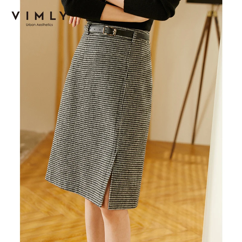 

Vimly 2020 Autumn Skirt For Women Fashion Houndstooth Slit High Waist Mujer Faldas Knee-Length Elegant Ladies Skirts F3013