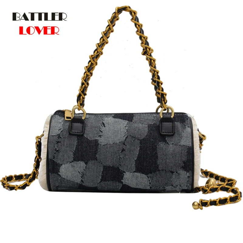 

Boston Handbags For Women Barrel-shaped Female Brand Shoulder Bags Plaid Patchwork Designer Ladies Chains Crossbody Bag 2021 New