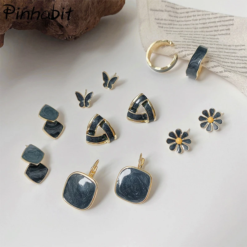 

Haze Blue Stud Earrings Butterfly Square Triangle Stud Earring Flower Ear Studs Rhombus Round Stud Earrings Girl Gift For Friend