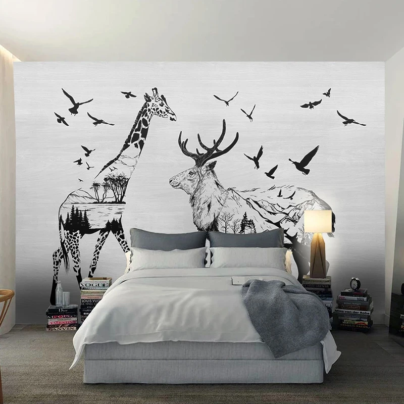 3D фотообои на заказ черно-белый Лось жираф для детской комнаты спальни гостиной