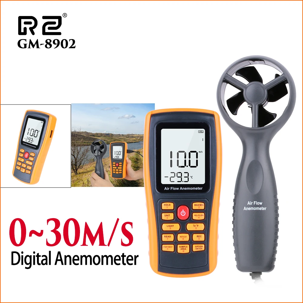 RZ Анемометр Датчик скорости ветра Anemometro lcd цифровой ручной анемометр измеритель скорости воздуха измеритель температуры GM8901