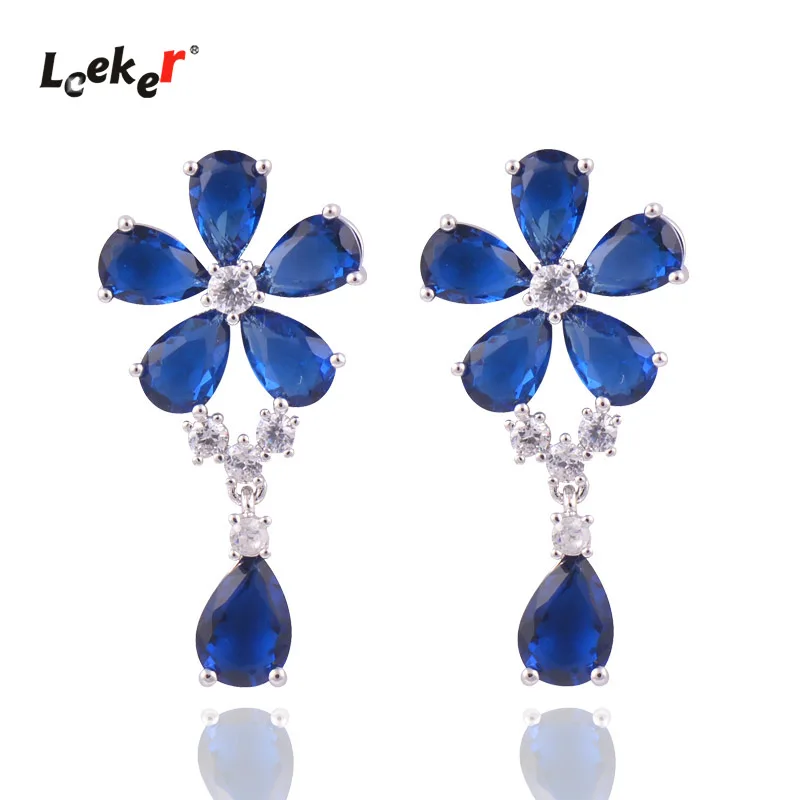 

LEEKER Korean Hot Trendy White Blue Cubic Zircon Crystal Small Flower Cute Drop Earrings For Women Party Accessories 034 XS2