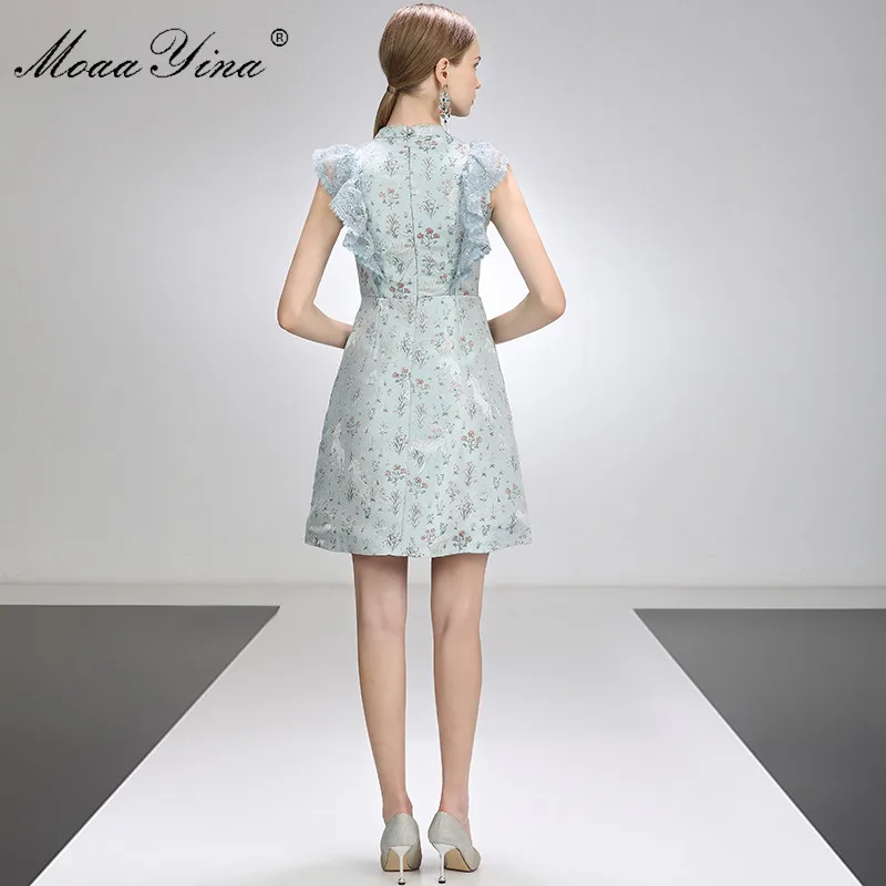 

MoaaYina Fashion Designer Dress Summer Women's dress Beaded Stand collar Lace Sequins Ruffles Floral-Print Short Dresses