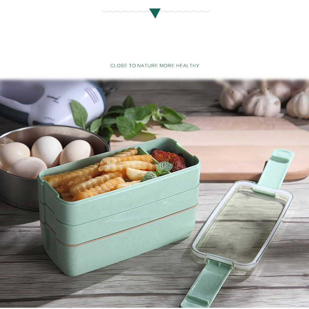 Портативный здоровый материал Ланч бокс 3 слоя пшеничной соломы Bento коробки