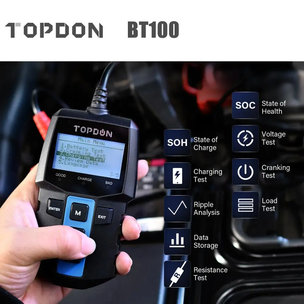 Тестер автомобильного аккумулятора TOPDON BT100 12 В 100 2000 CCA|Тестеры аккумуляторов| |