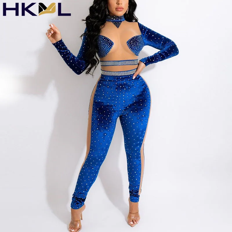 

Women Jumpsuits Long Sleeve Mesh Insert Hollow Out Embellished Slim Sexy Party Club 2021 New Fall