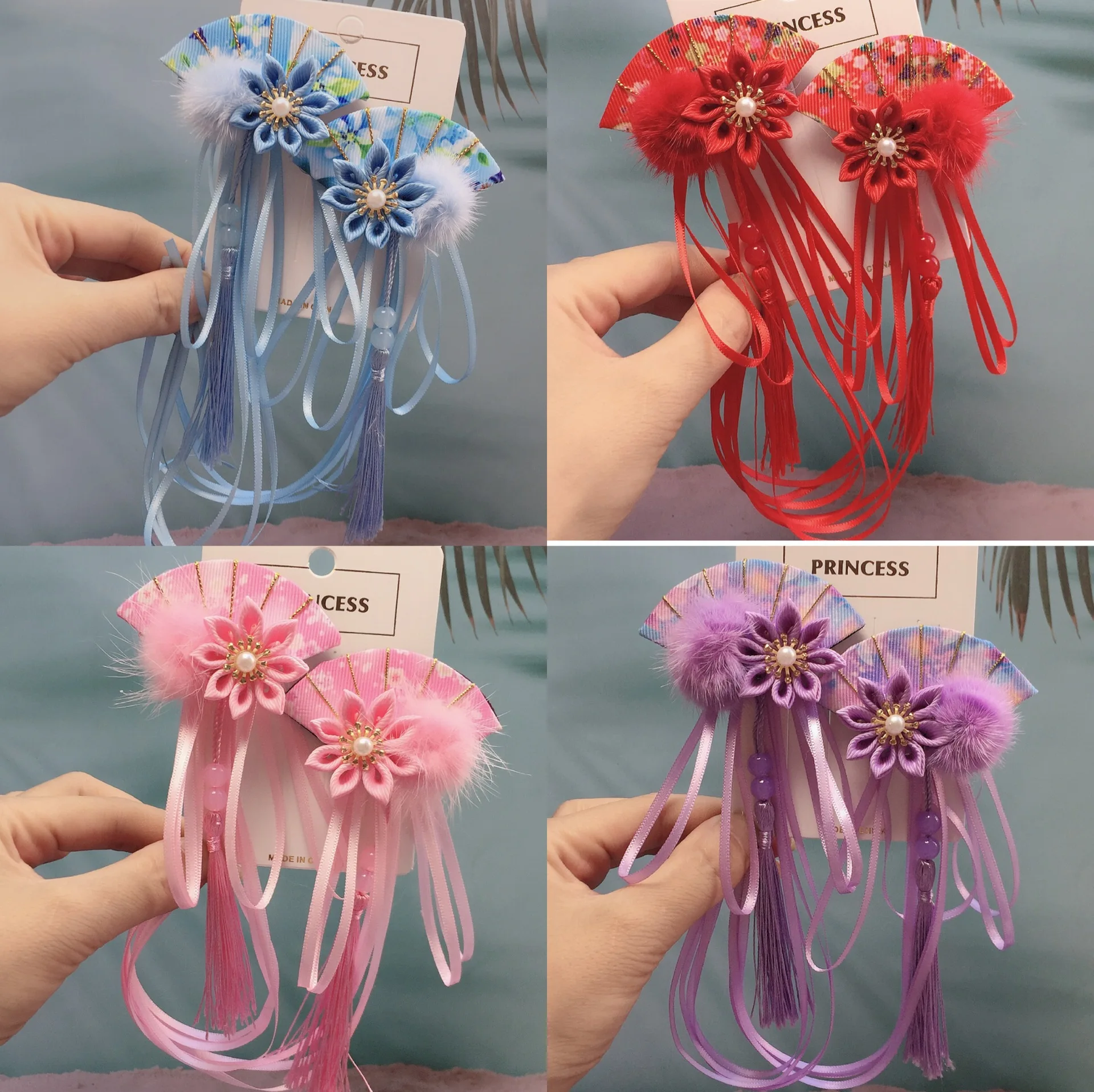 

WYINYA Winter new product fan flower shape streamer tassel hairpin children's Hanfu hair accessories costume girl side clip
